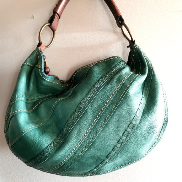 Vintage Fossil Teal Patchwork Boho Leather Shoulder Bag with Leather Tassel - Picture 7 of 11